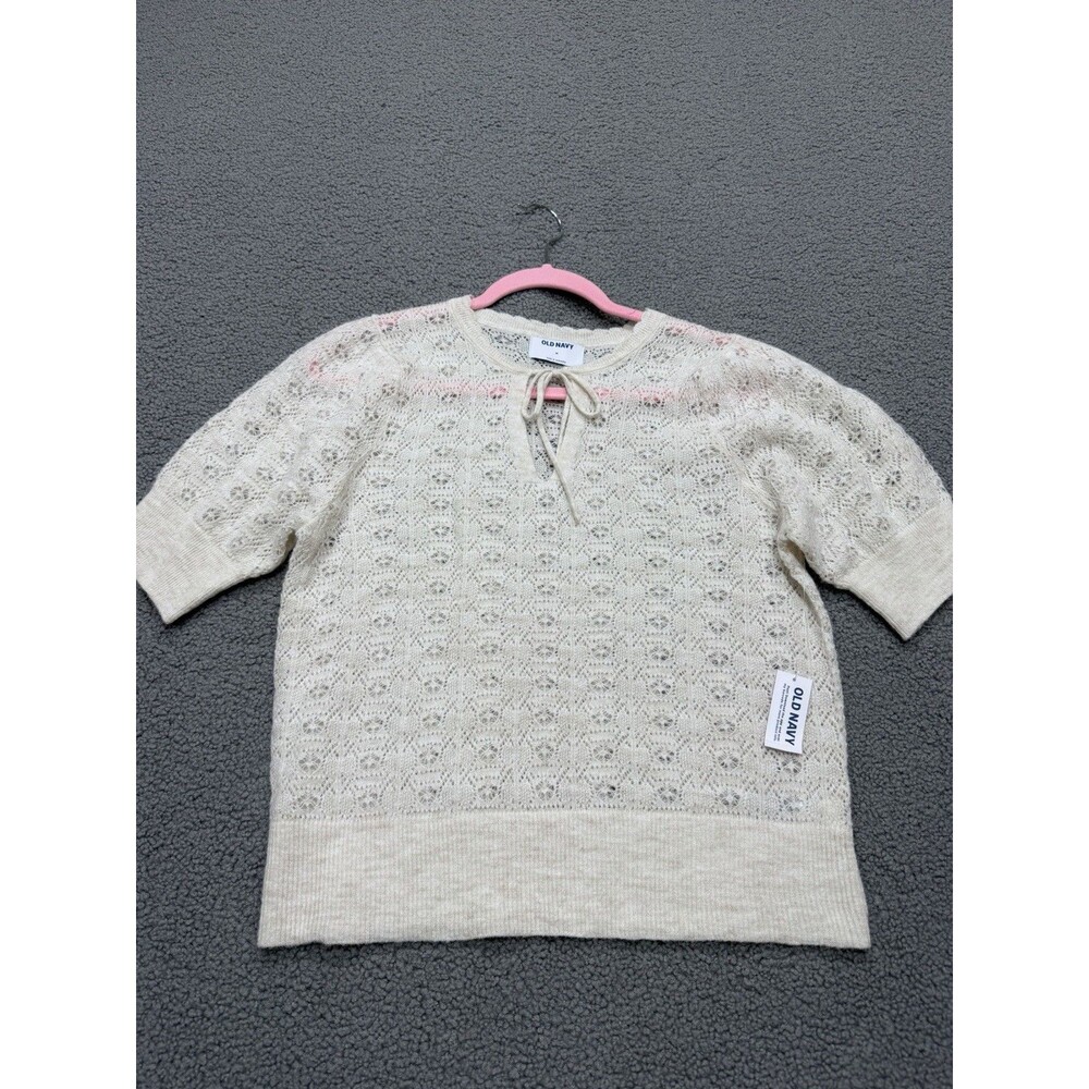 Old Navy Sweater Women Ivory Puff Sleeve Tie Neck Preppy Minimalist Medium NWT